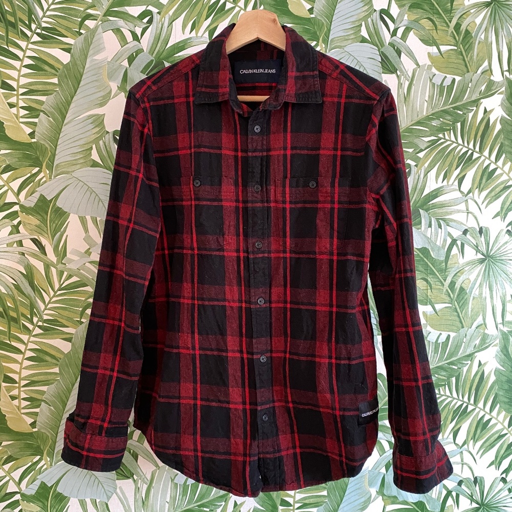 Calvin Klein Cotton Red Black Buffalo Plaid Flannel Button Down Shirt - Small